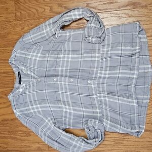 Abercrombie gray / white plaid peplum style blouse Sz Large